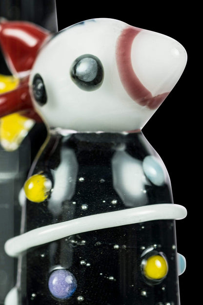 Front view of the Empire Glassworks Galactic Flagship Bong, showcasing colorful orbital accents on its clear glass body.