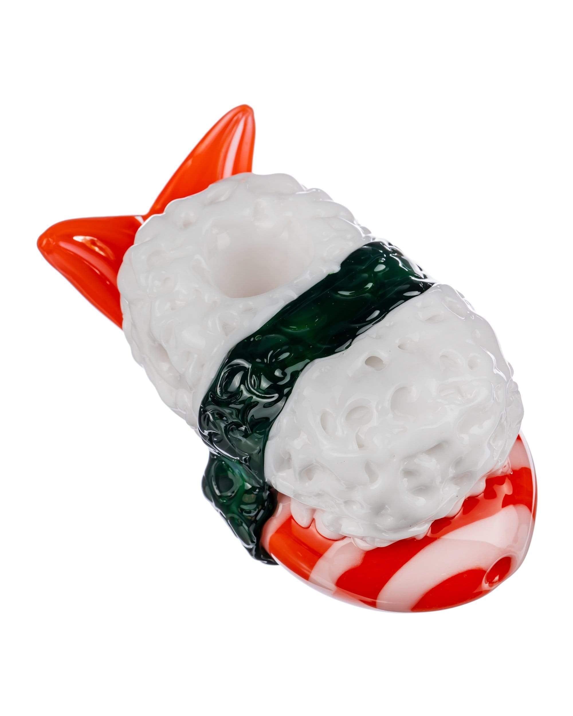 The Empire Glassworks Shrimp Nigiri Sushi Hand Pipe is displayed in a close-up, side view, resembling a piece of sushi.