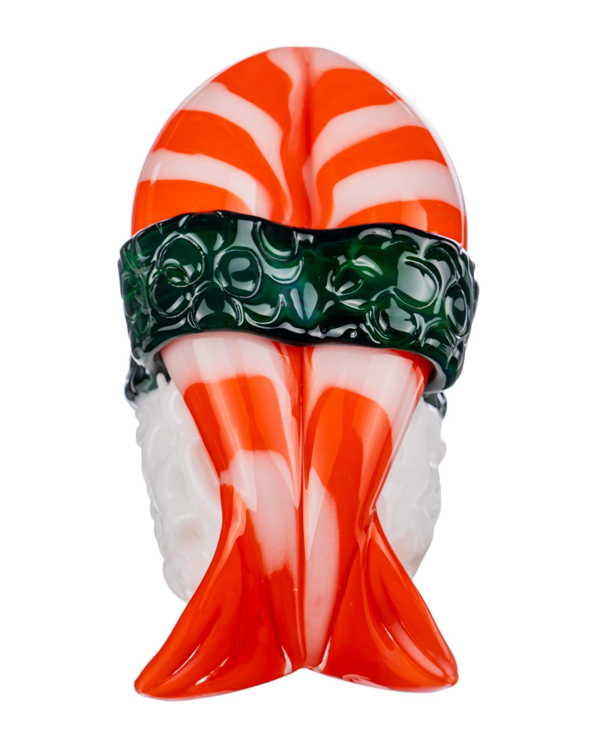 Front view of the Empire Glassworks Shrimp Nigiri Sushi Hand Pipe, a sculpted glass pipe resembling sushi.