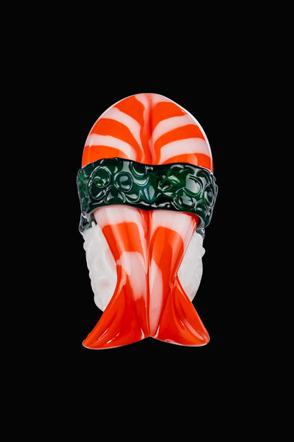 Front view of the Empire Glassworks Shrimp Nigiri Sushi Hand Pipe, a vibrant red glass sculpture resembling sushi.