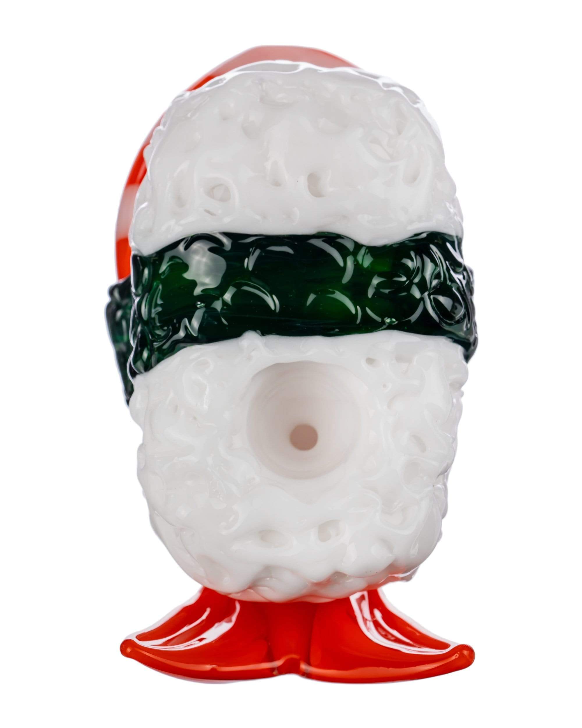 Front view of the Empire Glassworks Shrimp Nigiri Sushi Hand Pipe, a vibrant red and white glass piece resembling the namesake sushi.