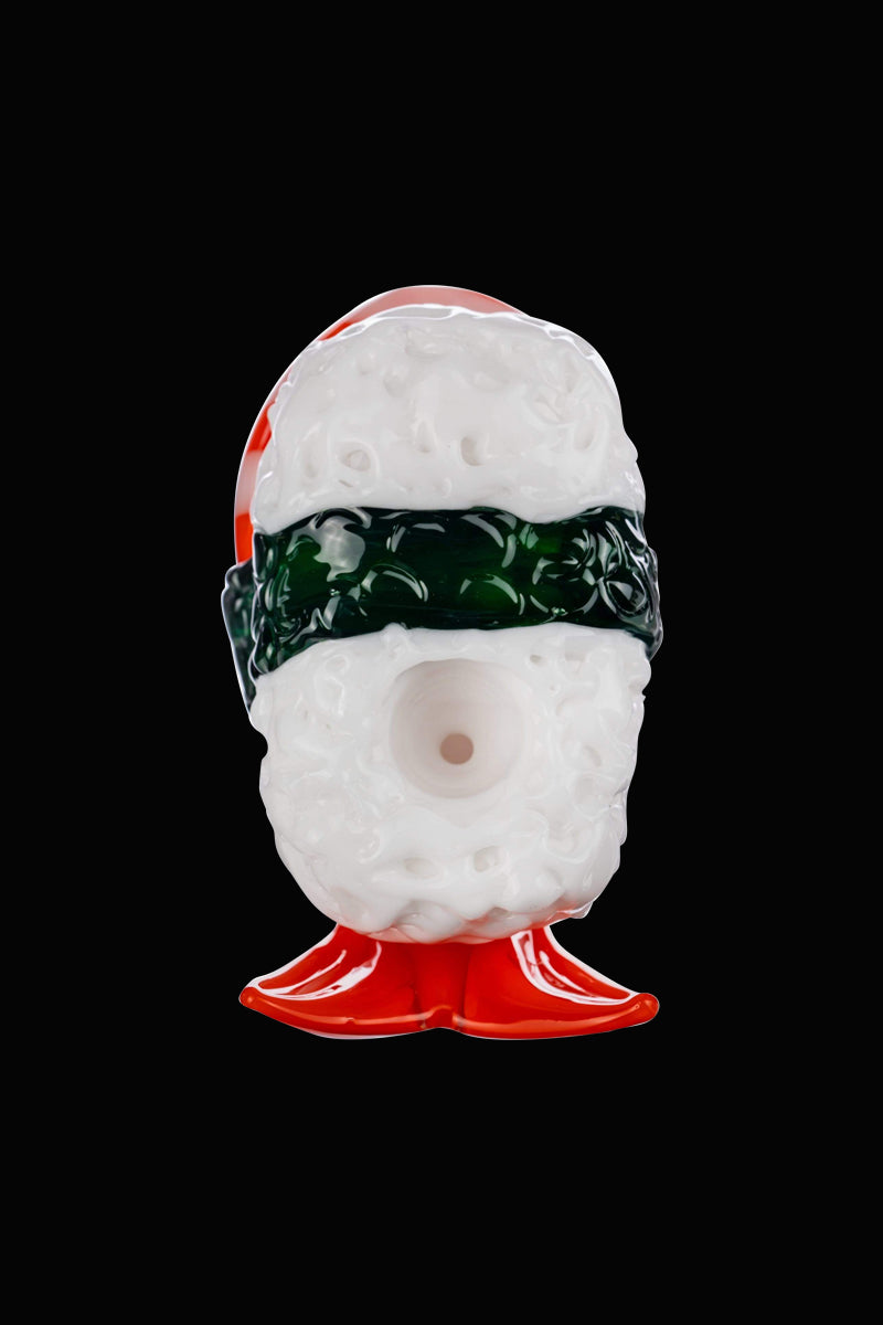 Front view of the Empire Glassworks Shrimp Nigiri Sushi Hand Pipe, a sculpted glass piece resembling sushi.
