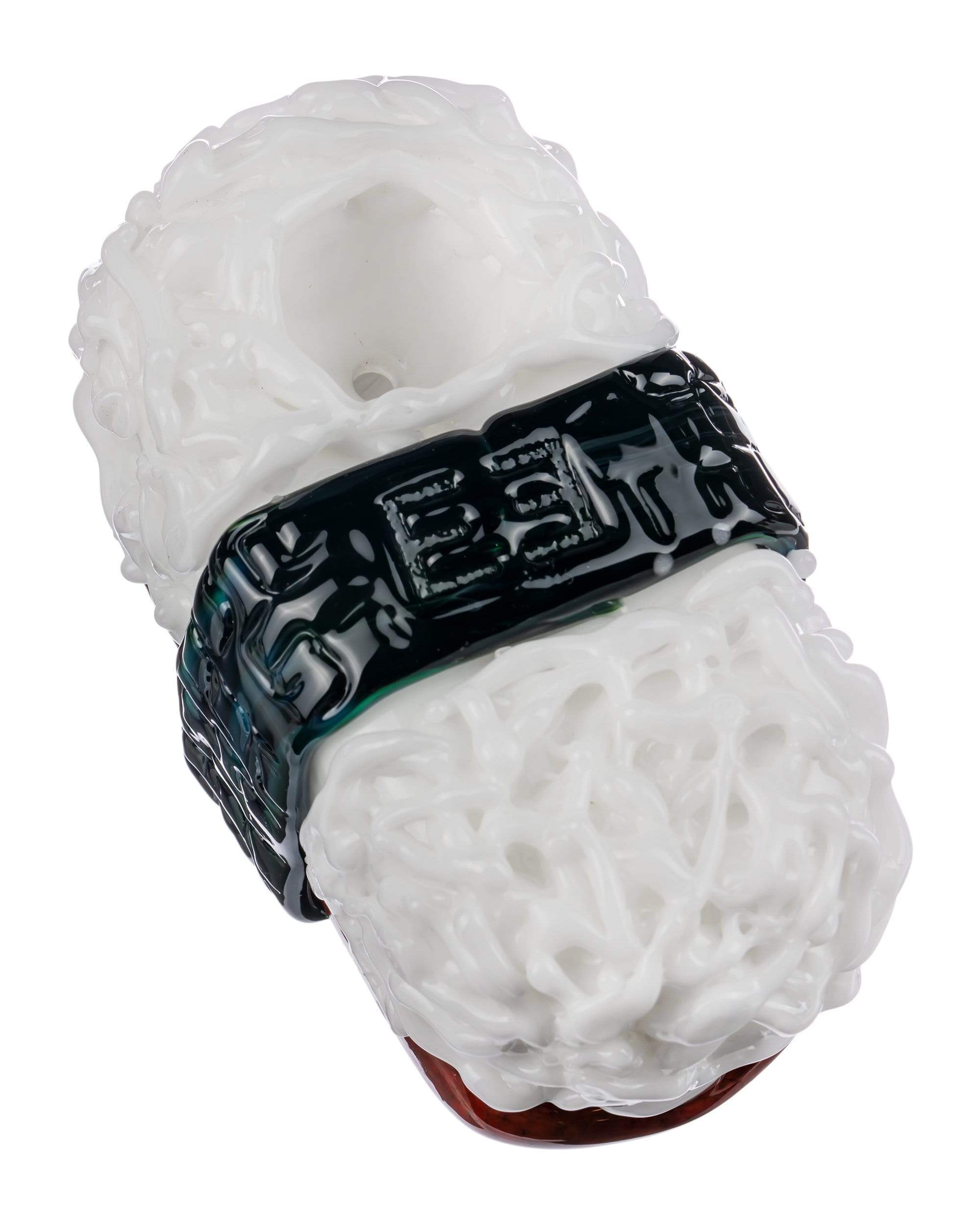 A close-up studio shot of the Empire Glassworks Spam Musubi Sushi Hand Pipe, resembling a colorful sushi roll.