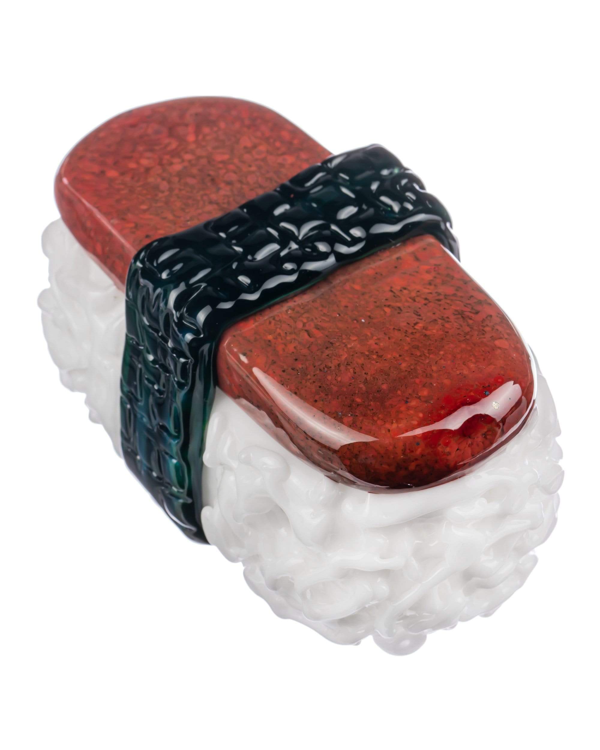 Front view of the Empire Glassworks Spam Musubi Sushi Hand Pipe, resembling a colorful sushi roll with detailed glasswork.