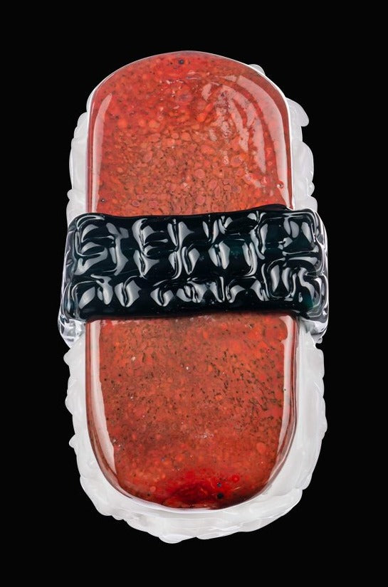 Front view of the Empire Glassworks Spam Musubi Sushi Hand Pipe, a colorful glass piece resembling the namesake snack.