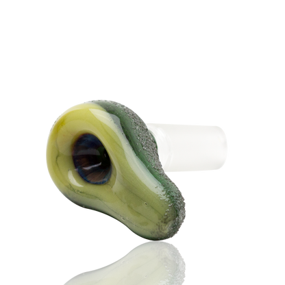 A three-quarter view of the Empire Glassworks "Avocadope" Flower Bowl, showcasing its green, textured glass and bowl shape.