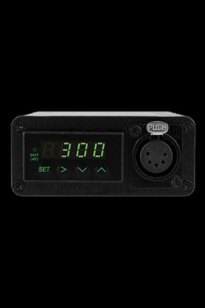 Digital display control panel for a cannabis vaporizer, showing temperature settings and controls.