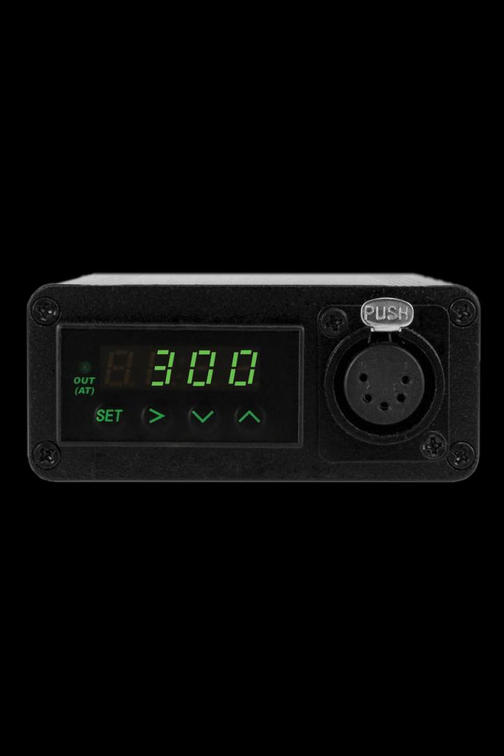 Digital display control panel for a cannabis vaporizer, showing temperature settings and controls.