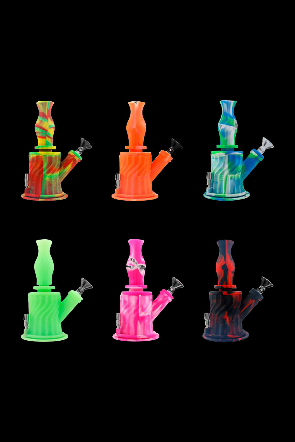 Colorful silicone bubblers for smoking cannabis, displayed against a black background.