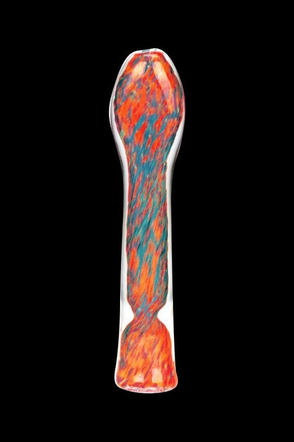 Glass cannabis oil rig with red and blue swirling patterns.