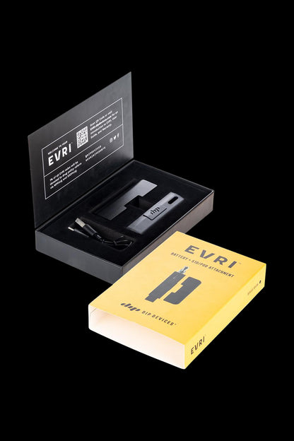 A top-down view of the Dip Devices Evri Starter Pack Vaporizer Kit in its packaging, displaying the product’s sleek, minimalist design.