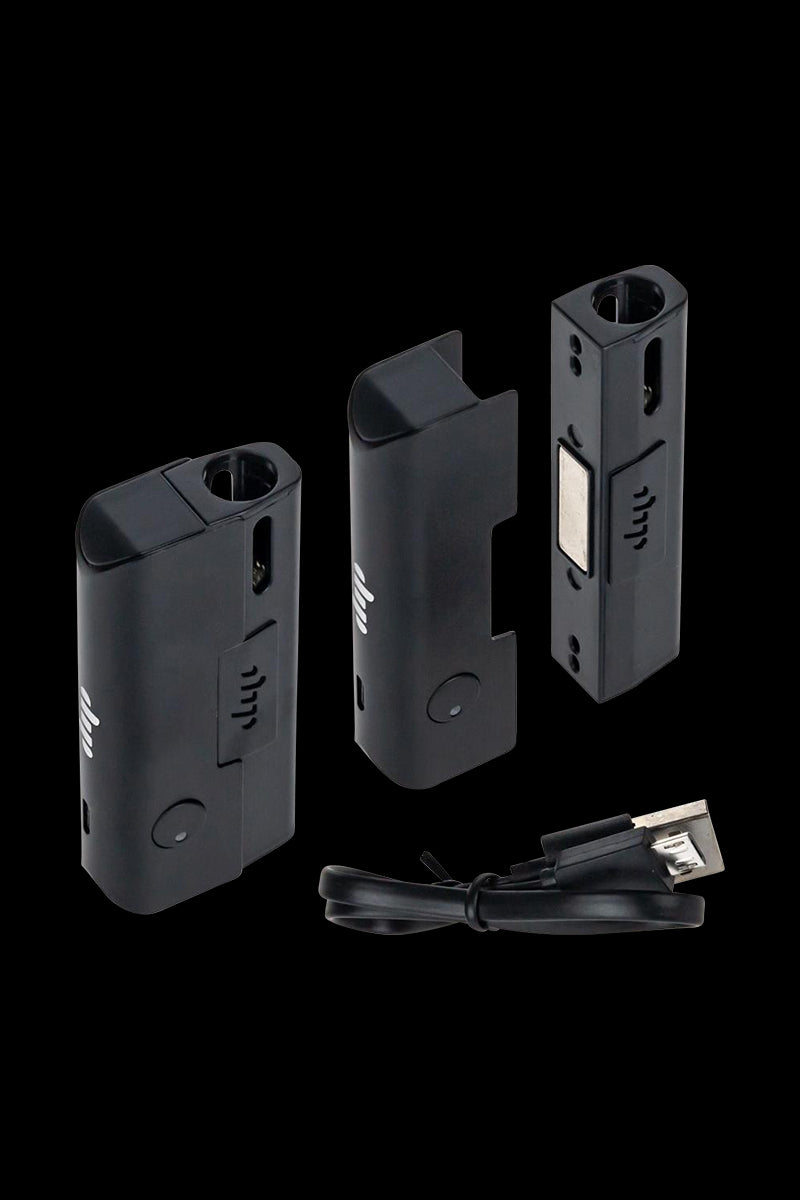 A slightly angled shot of the Dip Devices Evri Starter Pack Vaporizer Kit, showing the black device and included USB cable on a dark background.