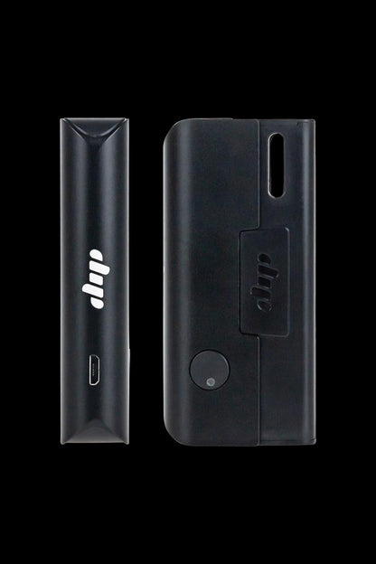 A sleek, front view of the Dip Devices Evri Starter Pack Vaporizer Kit, showcasing its compact, black design against a dark background.