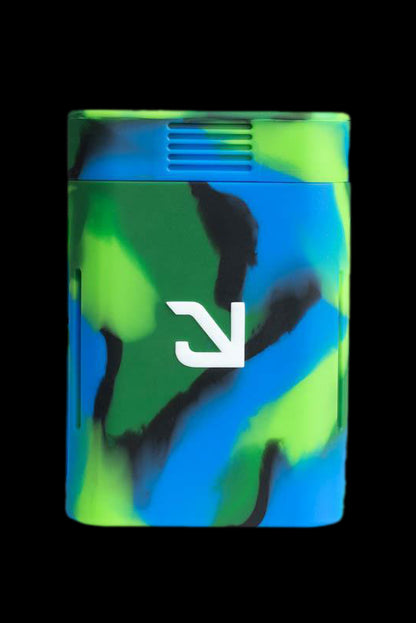 Blue and green silicone cannabis container with a white logo.