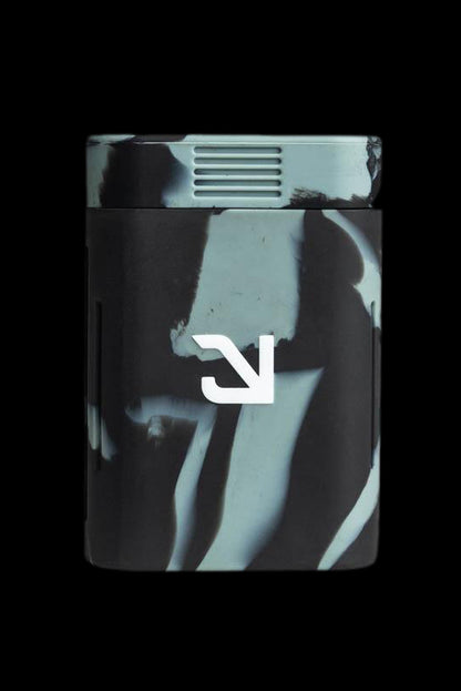 A stylized cannabis lighter with a marbled teal and black design, featuring a white "V" logo.