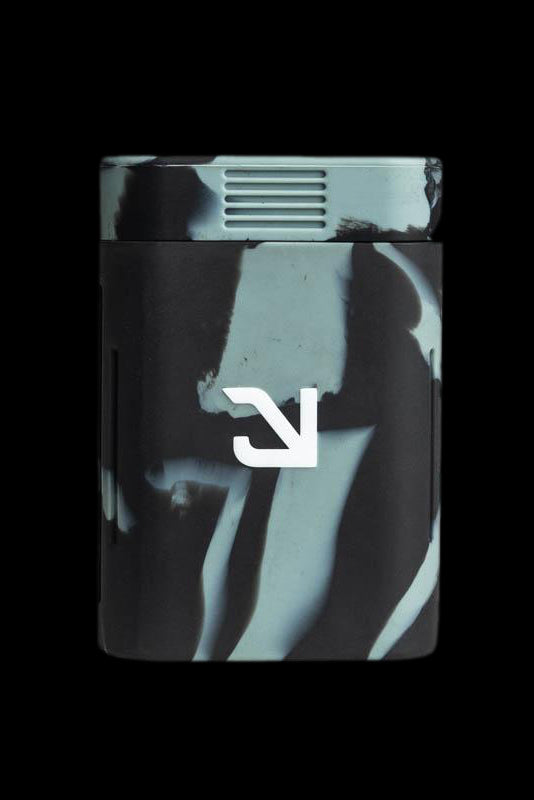 A stylized cannabis lighter with a marbled teal and black design, featuring a white "V" logo.