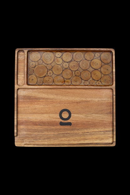 Wooden cannabis rolling tray with a mosaic inlay and branded logo.