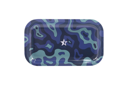 Front view of the Famous Brandz "Fabric" Rolling Tray, showcasing a patterned design on a dark blue surface.