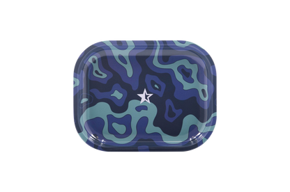 Overhead view of the Famous Brandz "Fabric" Rolling Tray displaying a vibrant, patterned design on a glossy surface.