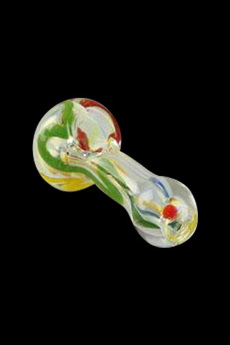 Hand pipe with colorful glass swirls.