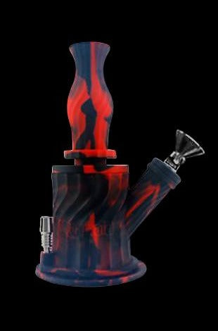 Red and black silicone bubbler water pipe.
