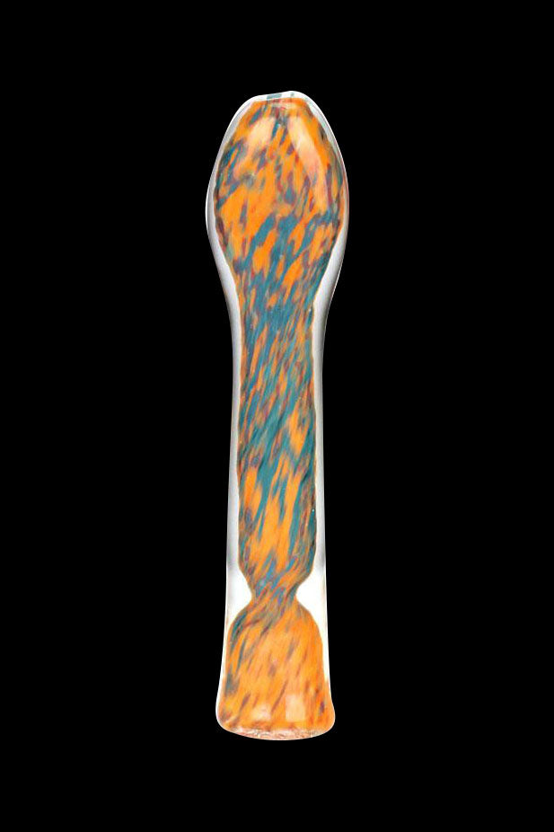 Hand-blown glass dab rig with orange and teal swirls.