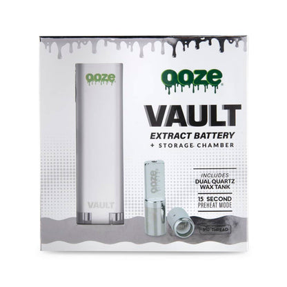 Ooze Vault cannabis oil battery and storage chamber packaging, featuring a silver pen-style battery and dual quartz wax tank. 