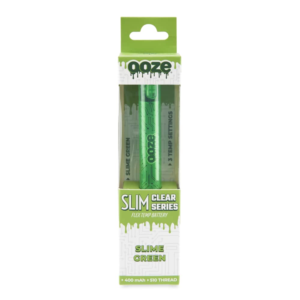 Two Ooze Slim Clear Series vape batteries in “Slime Green” are displayed in packaging, advertising 3 temperature settings, 400mAh capacity, and 510 threading.