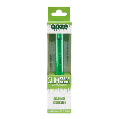 Two Ooze Slim Clear Series vape batteries in “Slime Green” are displayed in packaging, advertising 3 temperature settings, 400mAh capacity, and 510 threading.