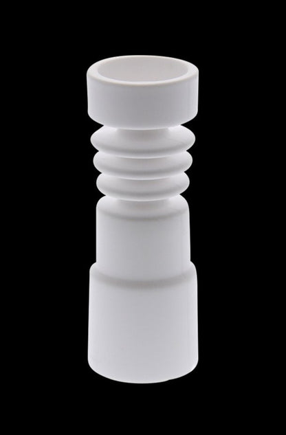 Front view of the ERRL Gear Domeless Universal Female Ceramic Nail, showing a white ceramic material with a tiered, domeless design.
