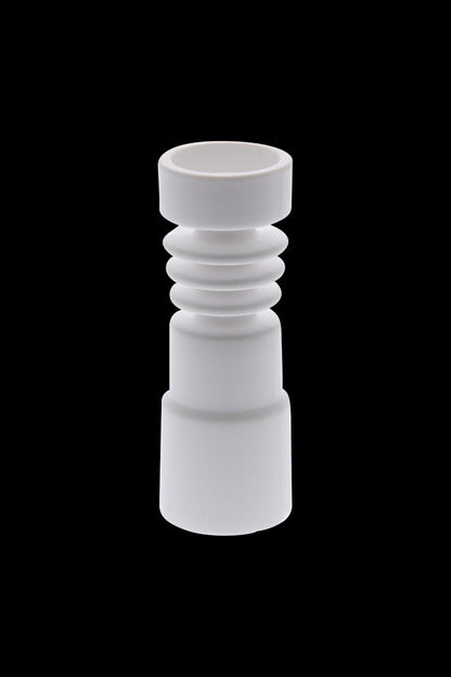 Front view of the ERRL Gear - Domeless Universal Female Ceramic Nail, a white ceramic piece with a tiered cylindrical design.