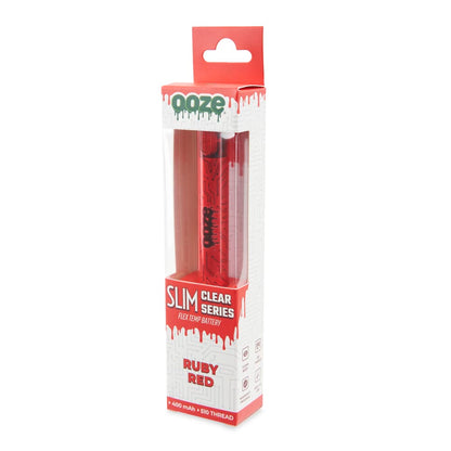 A packaged red “Ooze” brand vape battery, labeled “Slim Clear Series” and “Ruby Red” with specifications of 400 mAh and 510 thread.