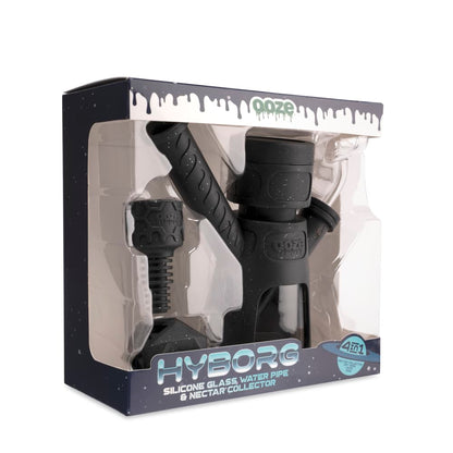 Black and gray silicone water pipe and nectar collector in a retail box labeled “HYBORG.”