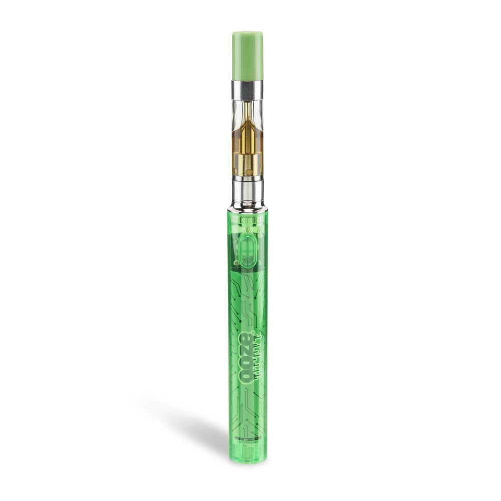 Green cannabis oil vape cartridge with visible oil level.