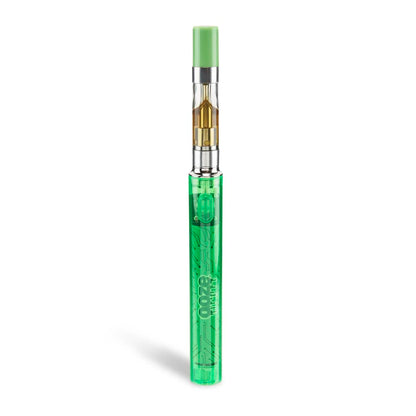 Green cannabis oil vape cartridge with visible oil level.