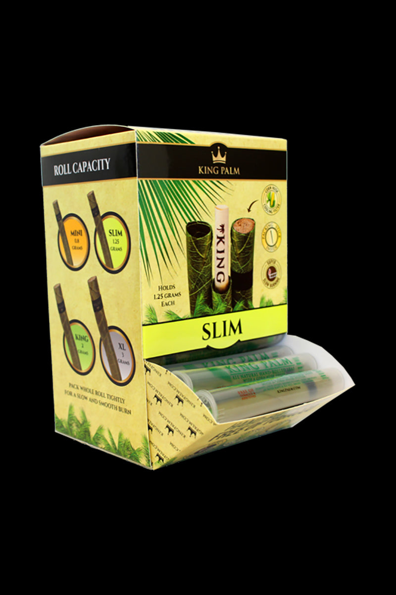 A close-up, angled view of King Palms Slim Pre-Roll Wraps packaging displaying multiple rolls, with text indicating size and quantity.