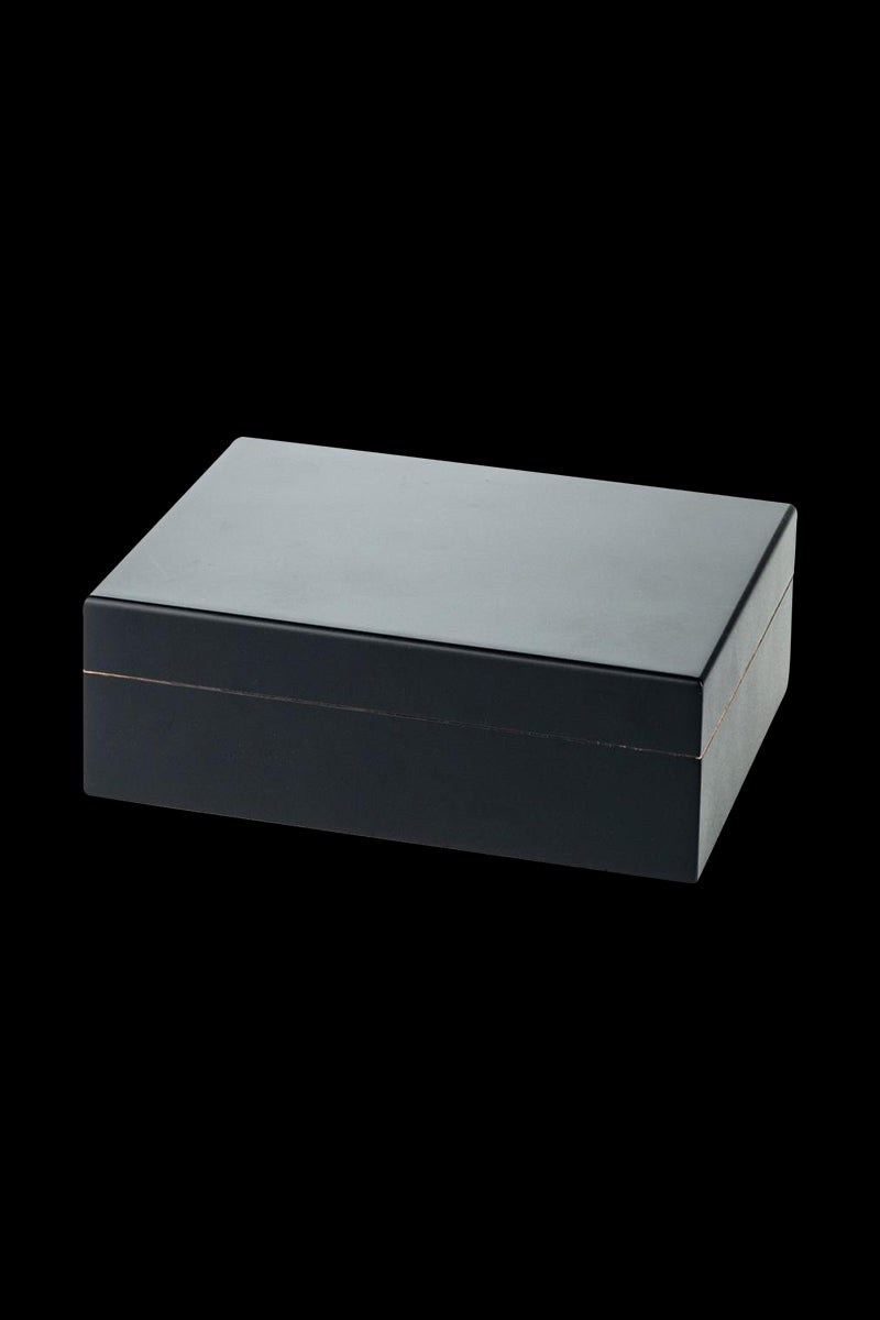 A three-quarter view of the Sigaro Personal Humidor Wood Box with Hygrometer, showcasing its dark wood finish and rectangular shape.