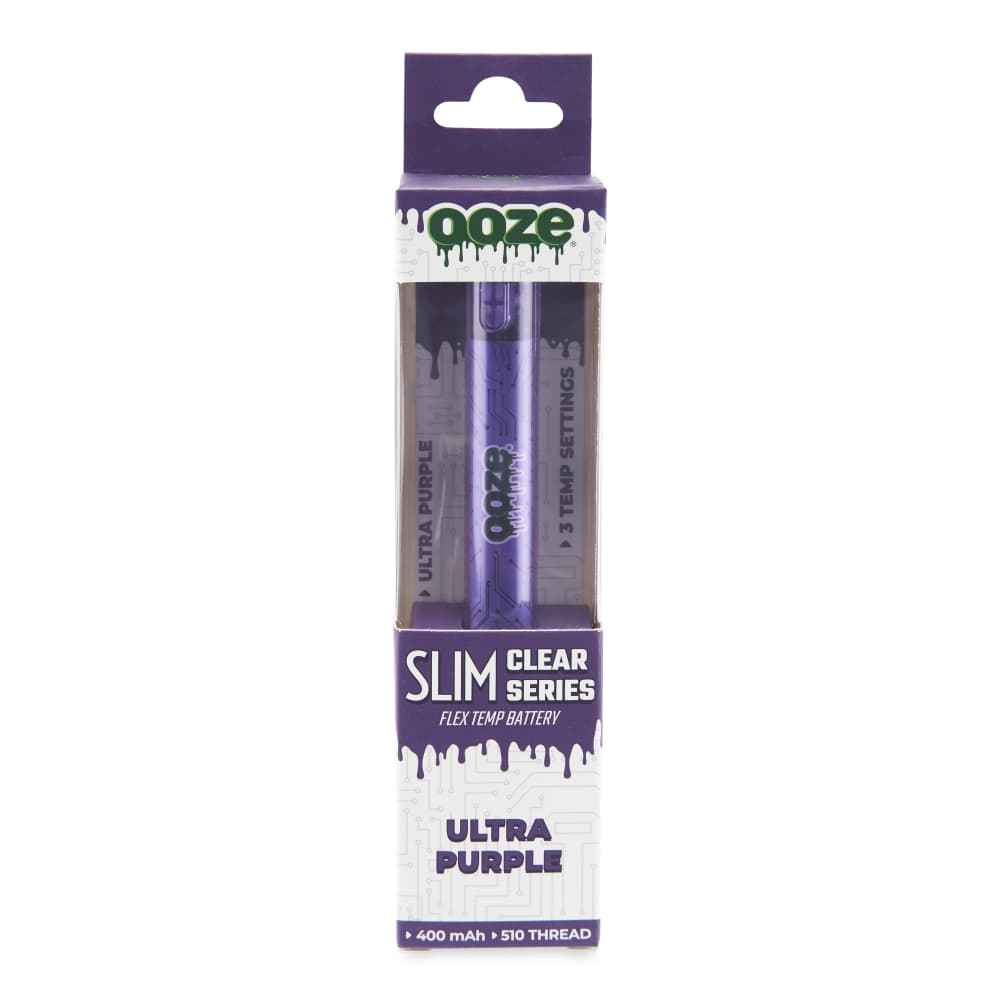 Ooze Slim Clear battery packaging displaying two purple vape batteries with drip-effect graphics.