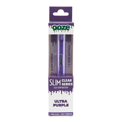 Ooze Slim Clear battery packaging displaying two purple vape batteries with drip-effect graphics.