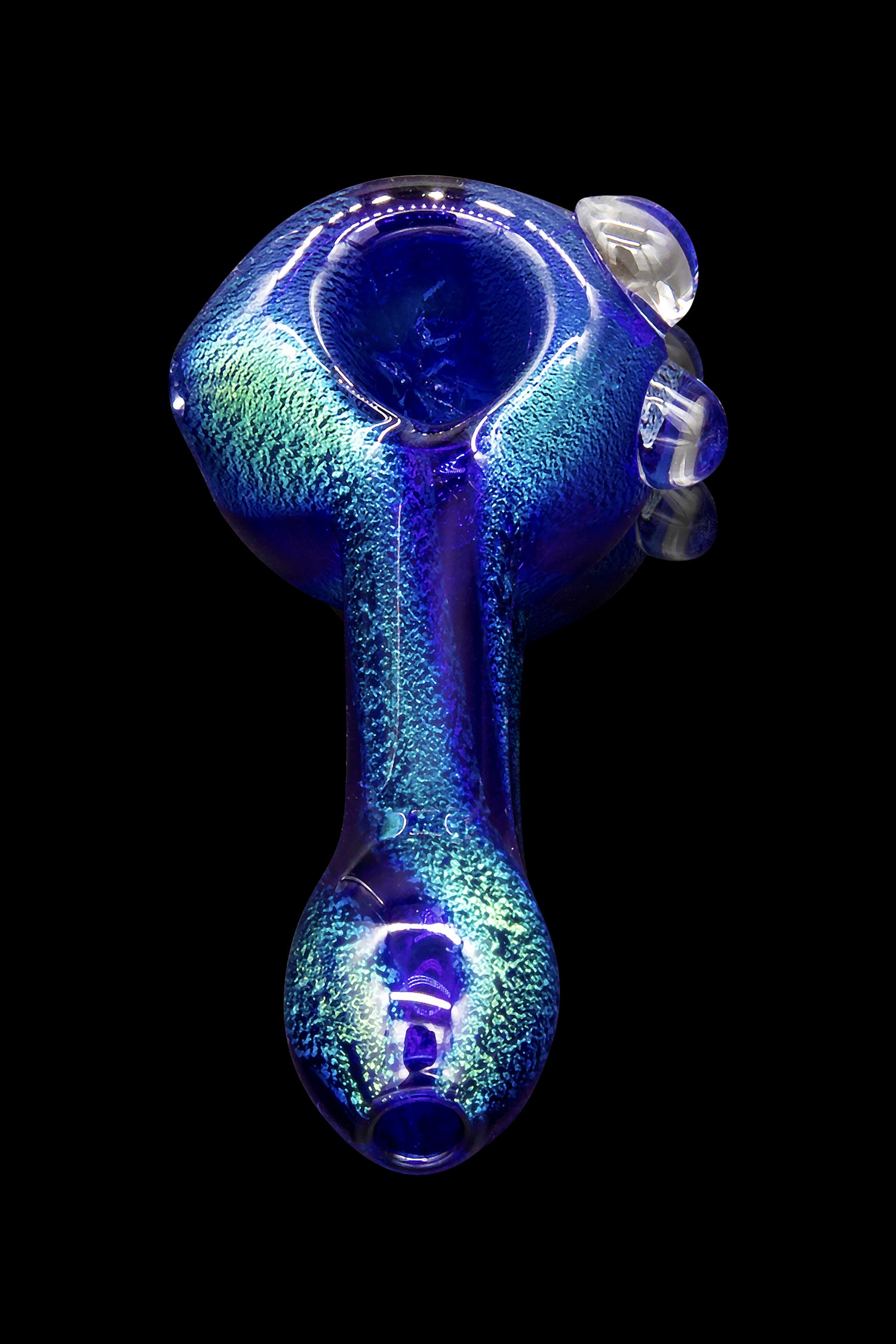 Blue glass cannabis pipe with speckled glitter effect, isolated on black.