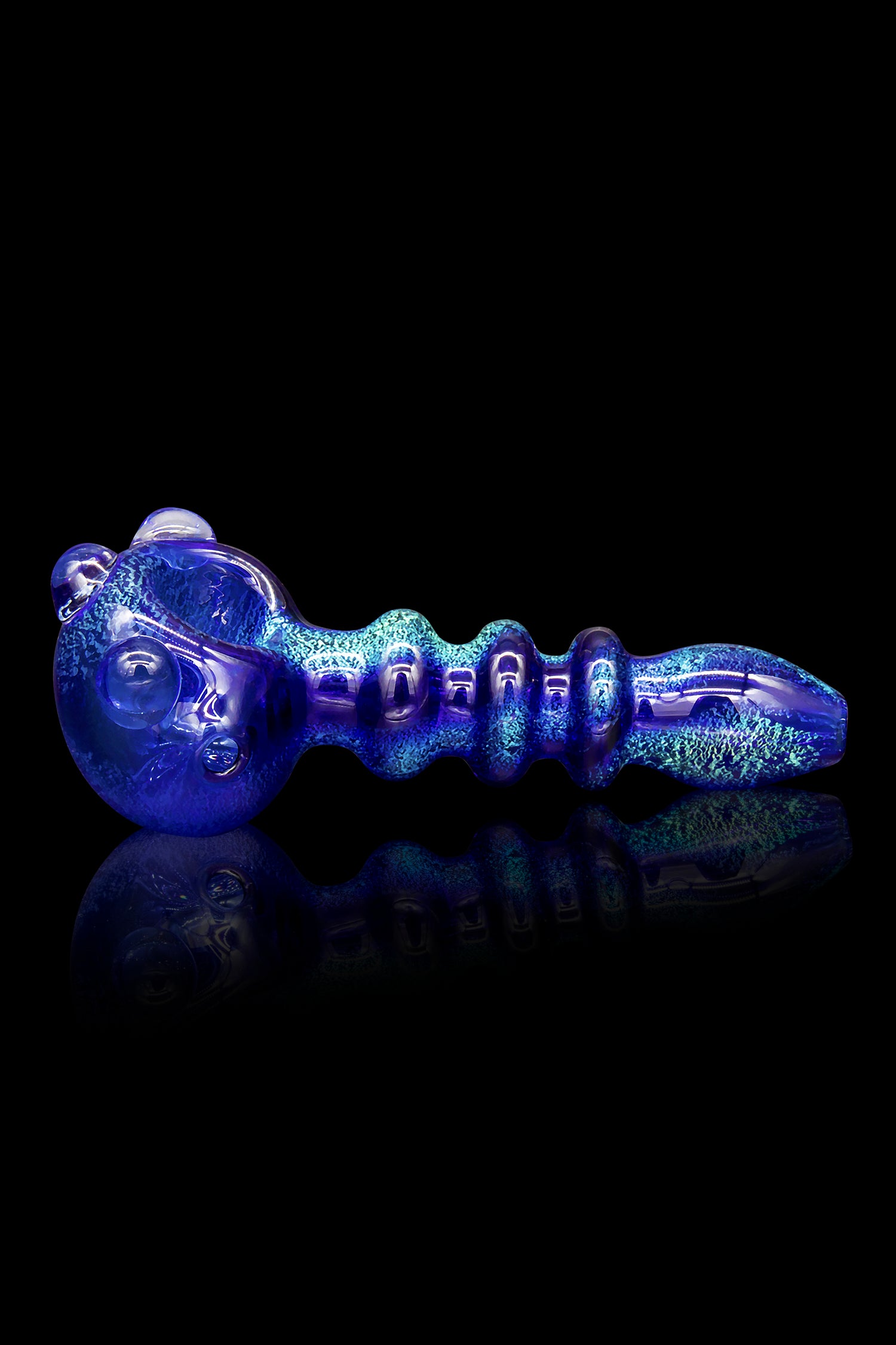 Blue glass cannabis pipe with textured body and reflective surface.
