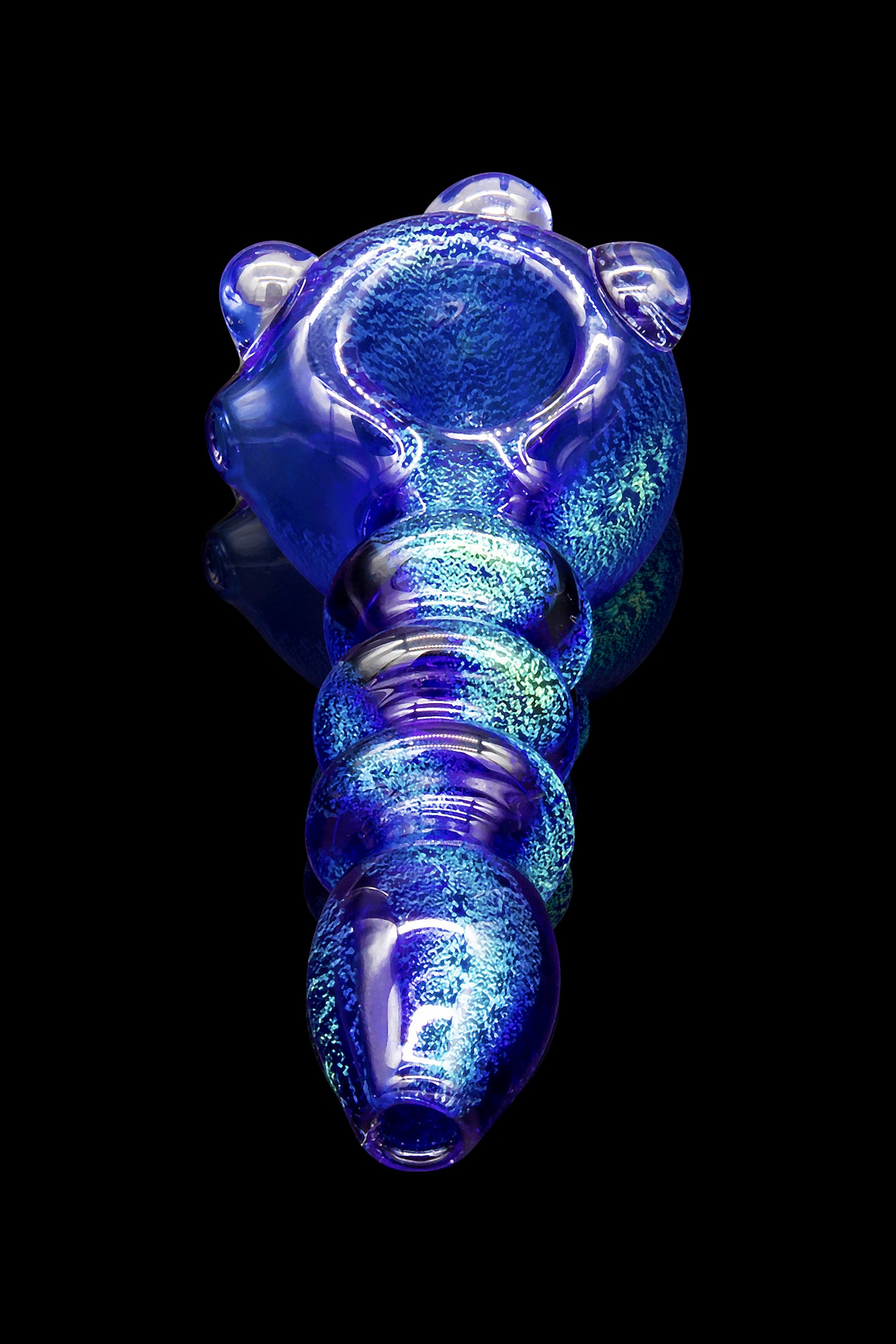 Blue glass cannabis pipe with textured, bulbous design.