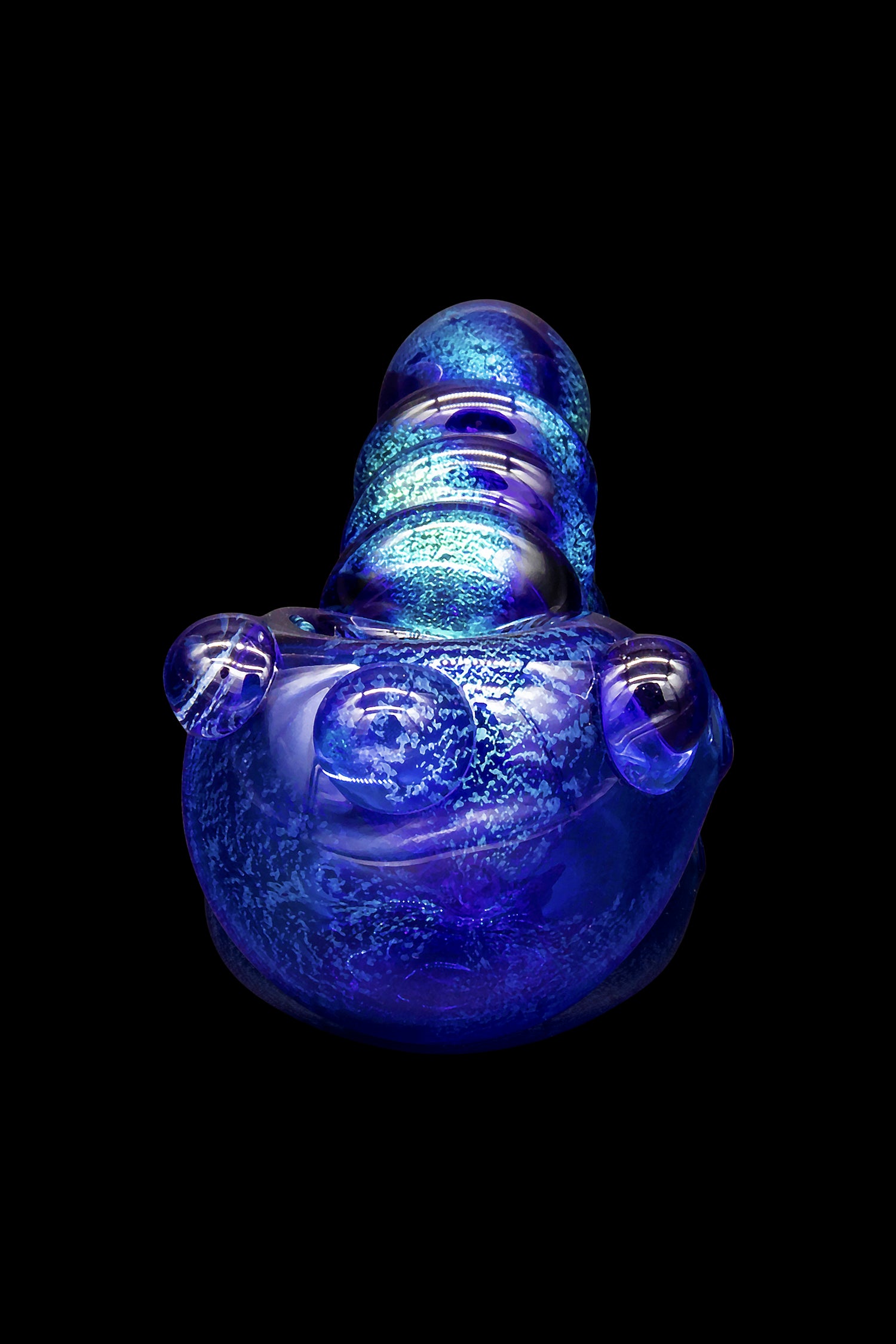 Blue glass water pipe with intricate swirling patterns, isolated on a black background.