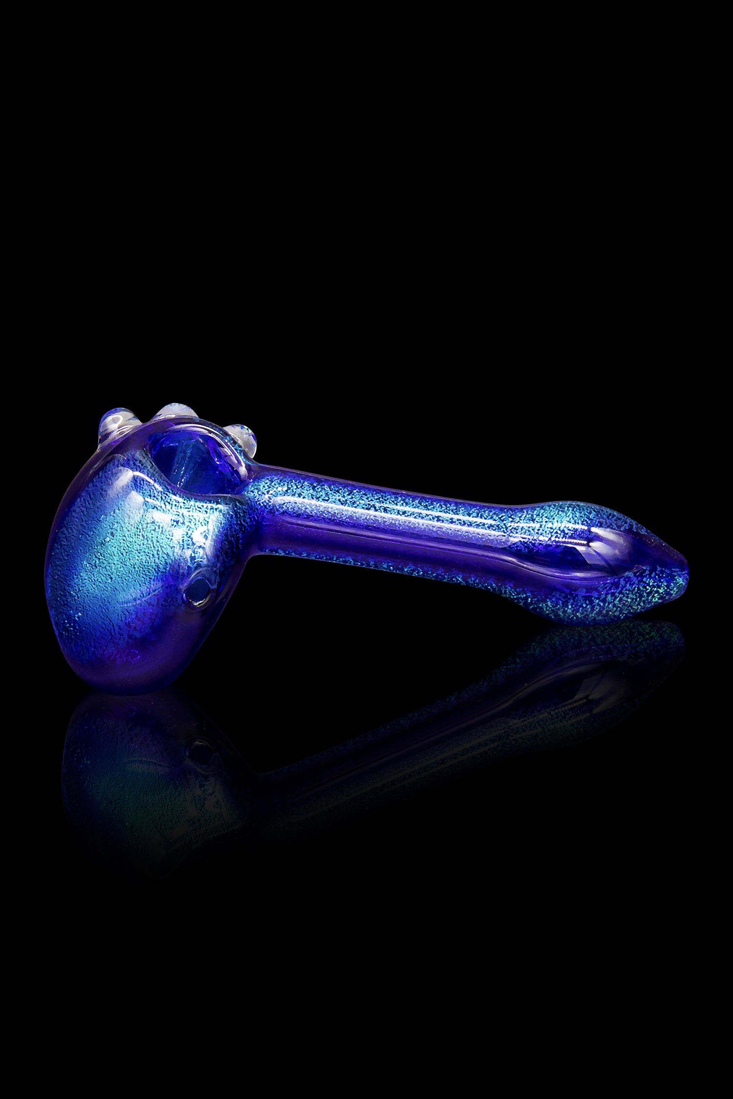 Blue glass pipe with iridescent sparkle, studio shot.