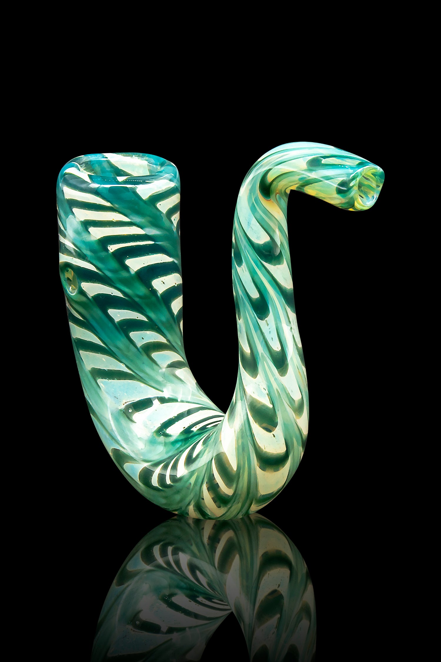 Green and white swirled glass cannabis pipe with a reflective surface.