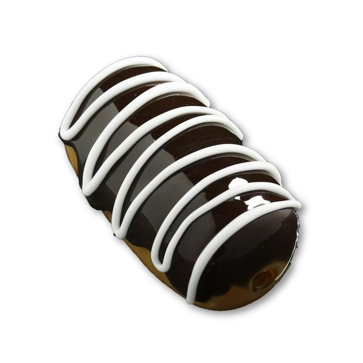 A close-up, angled view of the Glassheads "Sweet Eclair" Chillum with swirling white accents on its dark glass body.