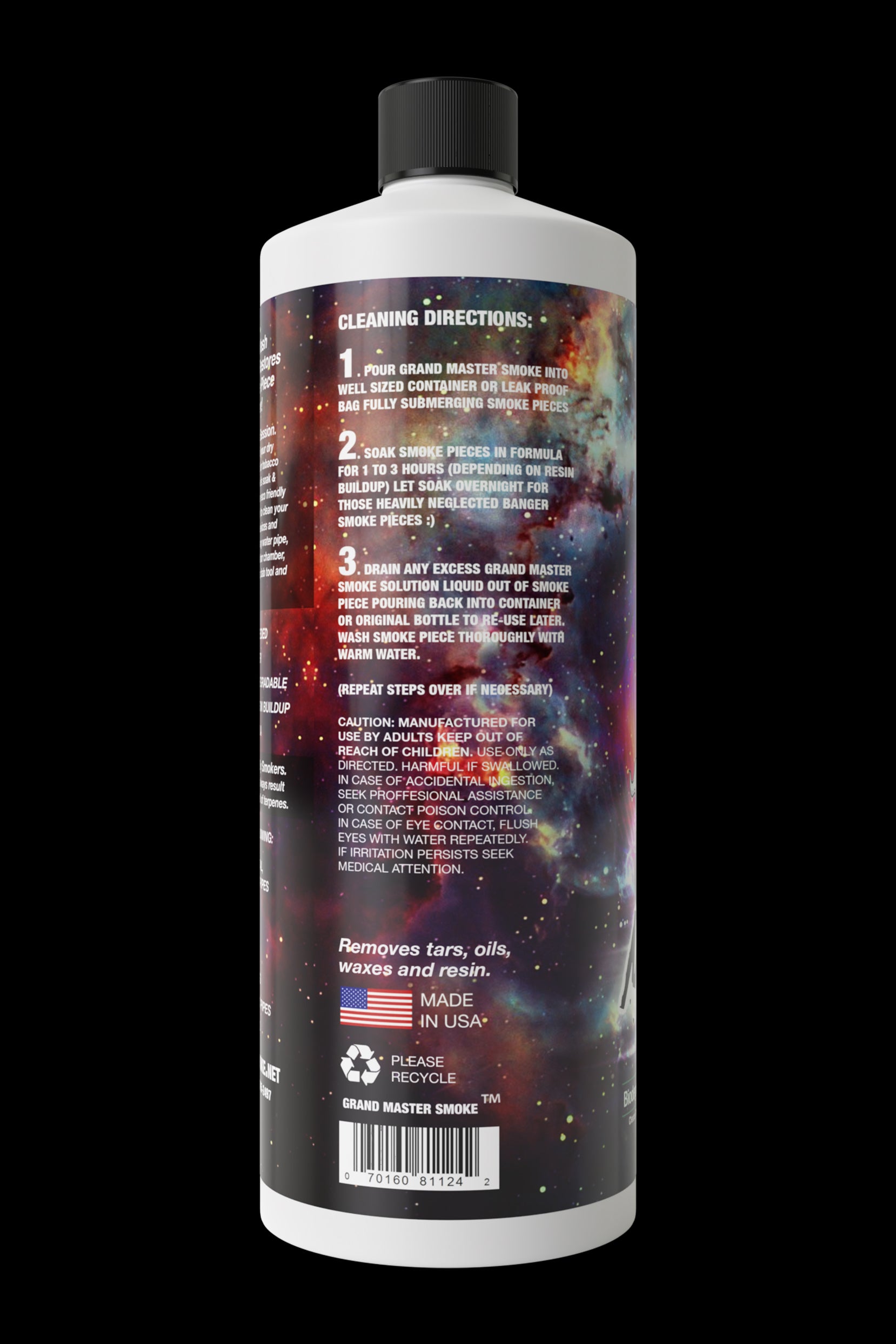 A green bottle of “Grand Master Smoke Formula” cleaning solution for cannabis smoking pieces, with instructions for soaking and cleaning.