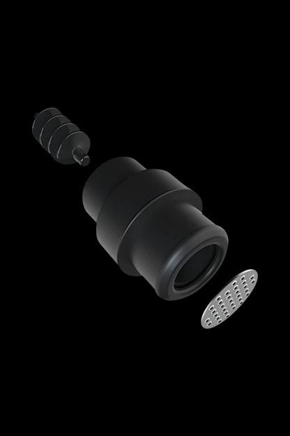 Black cannabis oil vape pen cartridge components disassembled, including mouthpiece, tank, and filter.