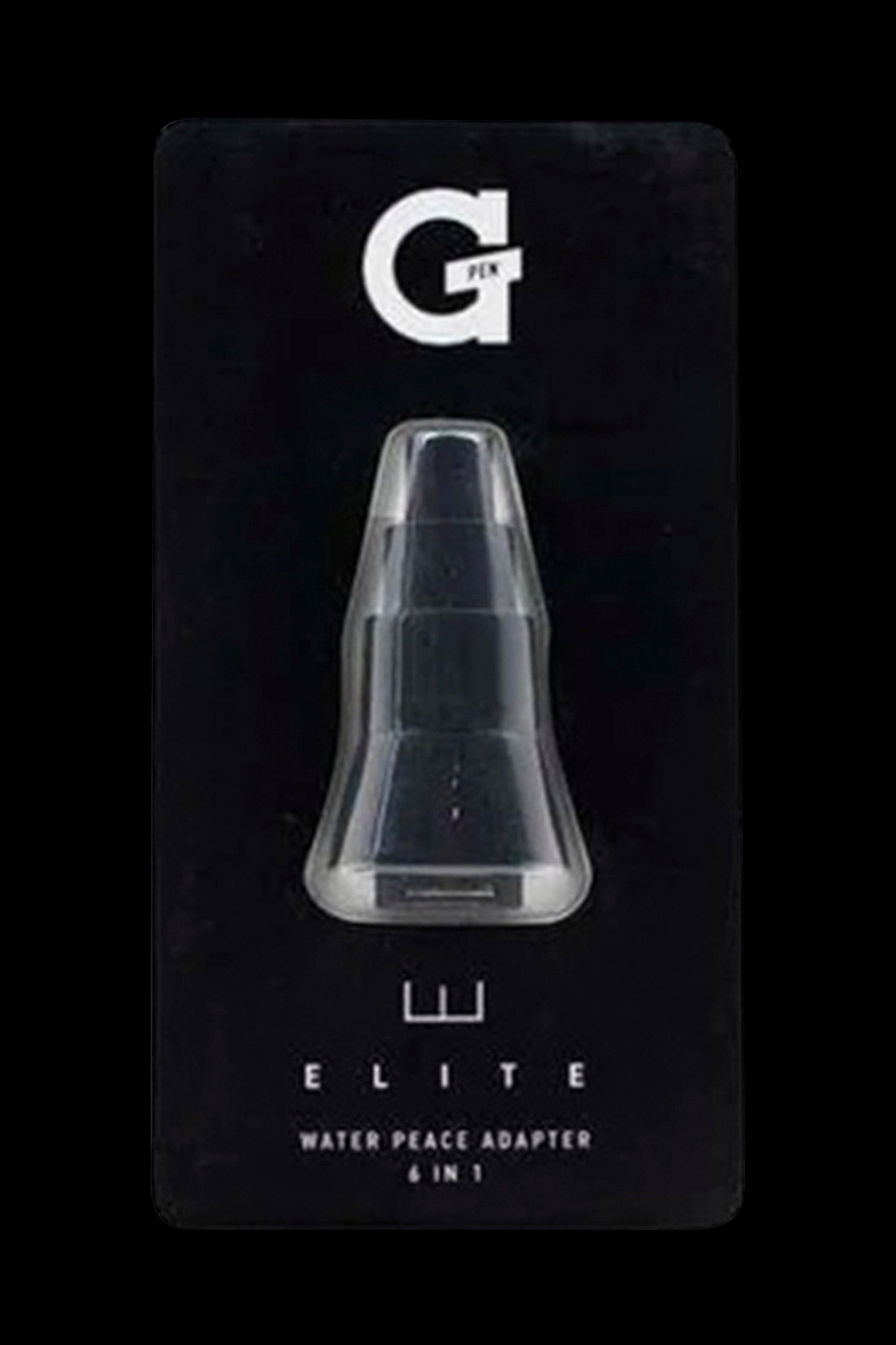 Clear glass Pax Elite water pipe adapter against a black background with branding.