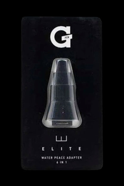 Clear glass Pax Elite water pipe adapter against a black background with branding.